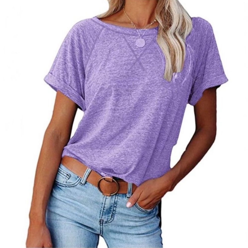 NEW Women’s Purple Crewneck Cuffed Short Sleeve Tee w/ Side Slits